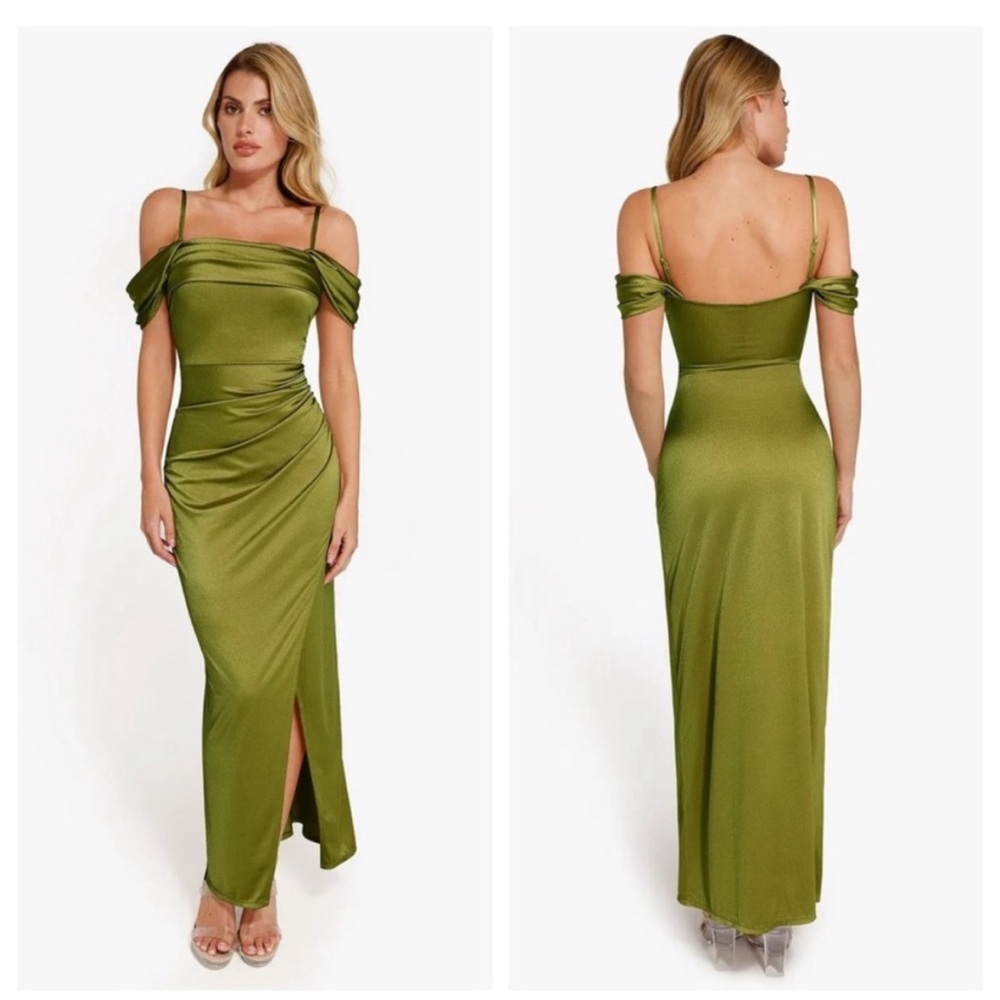 NWT Popilush Shapewear Off Shoulder Shine Ruched Sculpting Maxi Dress